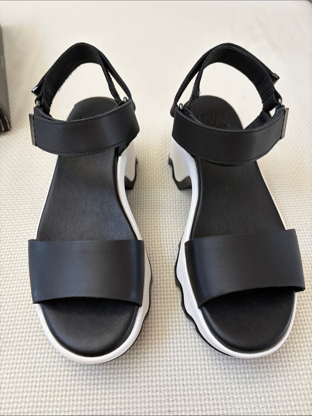 Sorel Black and White Platform Sandals with Ankle Strap